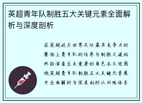 英超青年队制胜五大关键元素全面解析与深度剖析