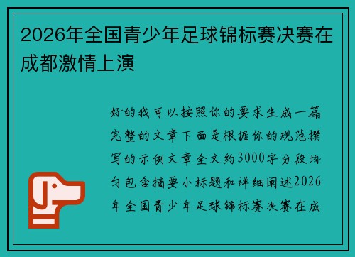 2026年全国青少年足球锦标赛决赛在成都激情上演