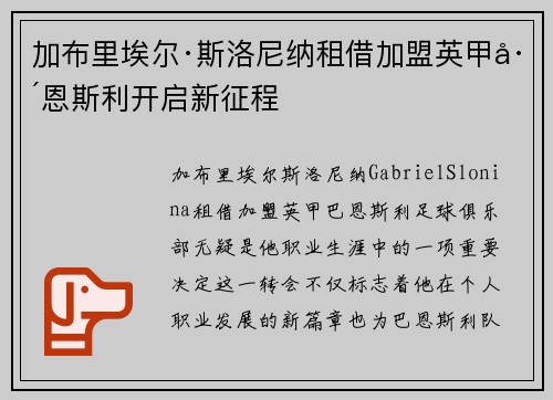 加布里埃尔·斯洛尼纳租借加盟英甲巴恩斯利开启新征程