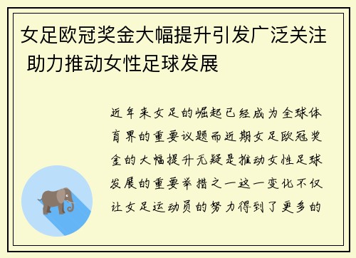女足欧冠奖金大幅提升引发广泛关注 助力推动女性足球发展